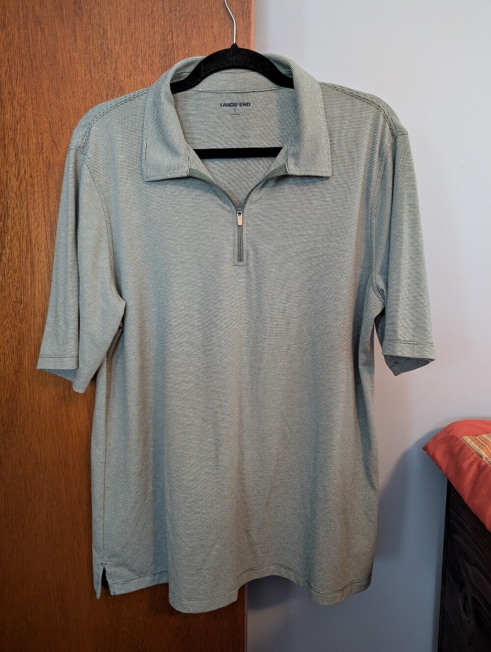 Lands' End Women's Green/Gray Striped Short-Sleeve Quarter-Zip Polo Size XL